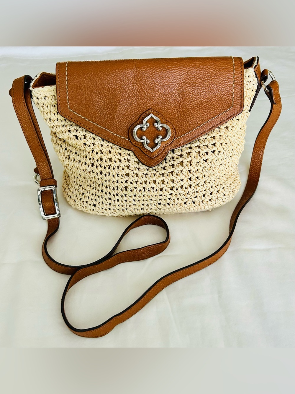 Brighton Tan Leather & Cream Woven Crossbody Bag